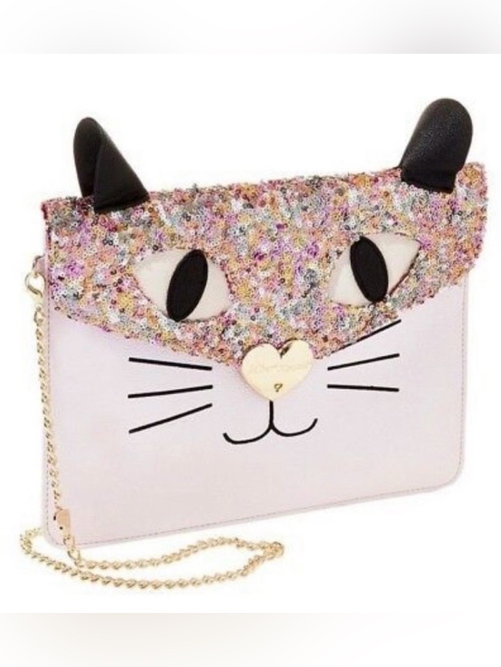 Betsey Johnson Glitter Cat Kitschy Kidcore Clutch Chain Strap Crossbody Bag L